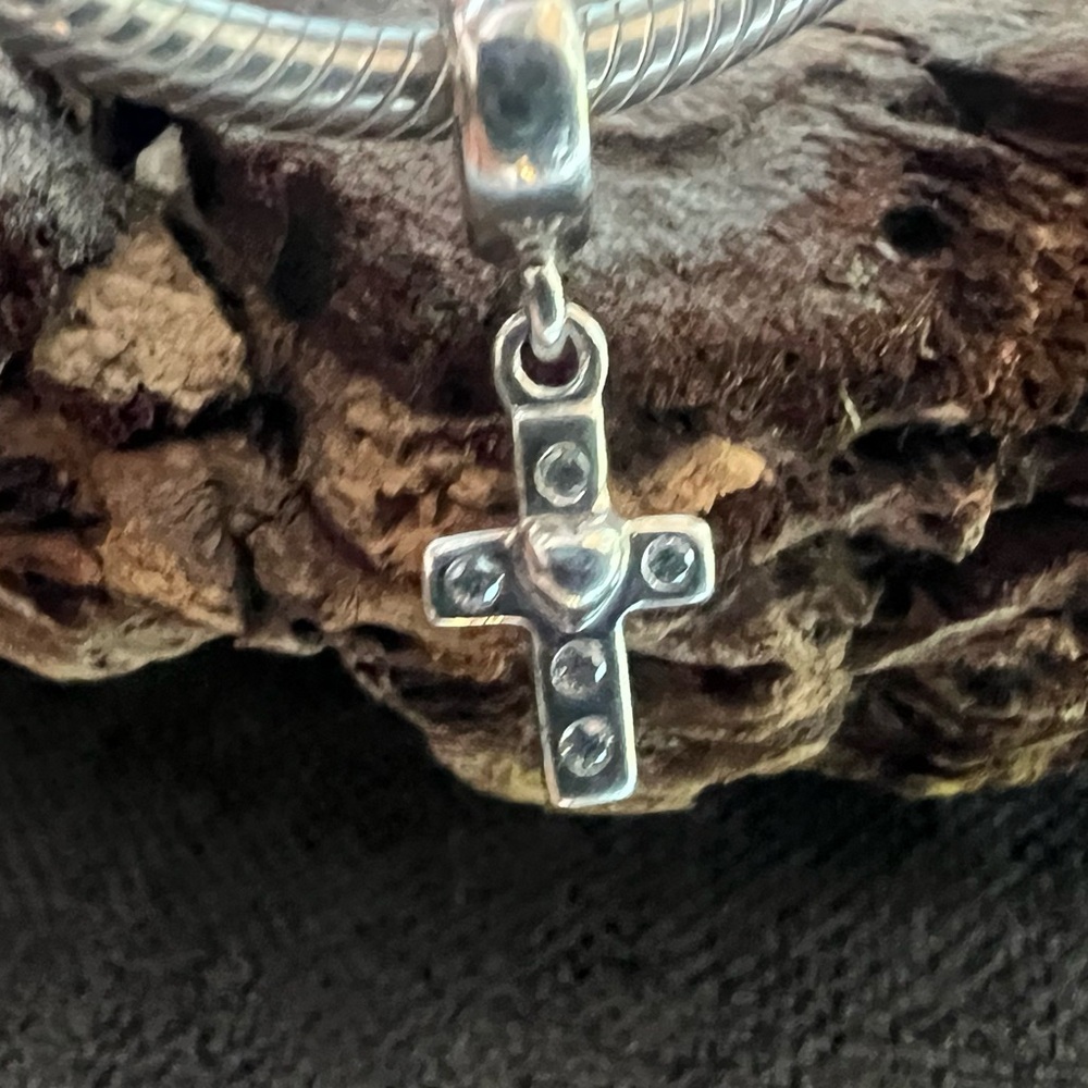 Authentic Pandora Charm Cross Dangle Clear CZ Pave Religious Church Sterling